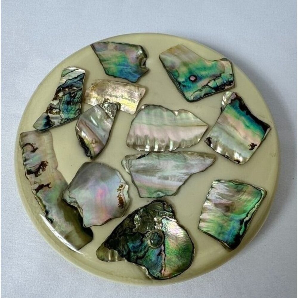 Vintage Betty's Shells Abalone‎ Shell Round Trivet Hot Plate MCM Vomit Lucite